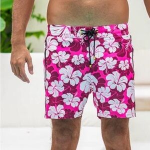 Like new Tucann Hawaiian kuhlulu 5” swim shorts pink/red hibiscus floral short